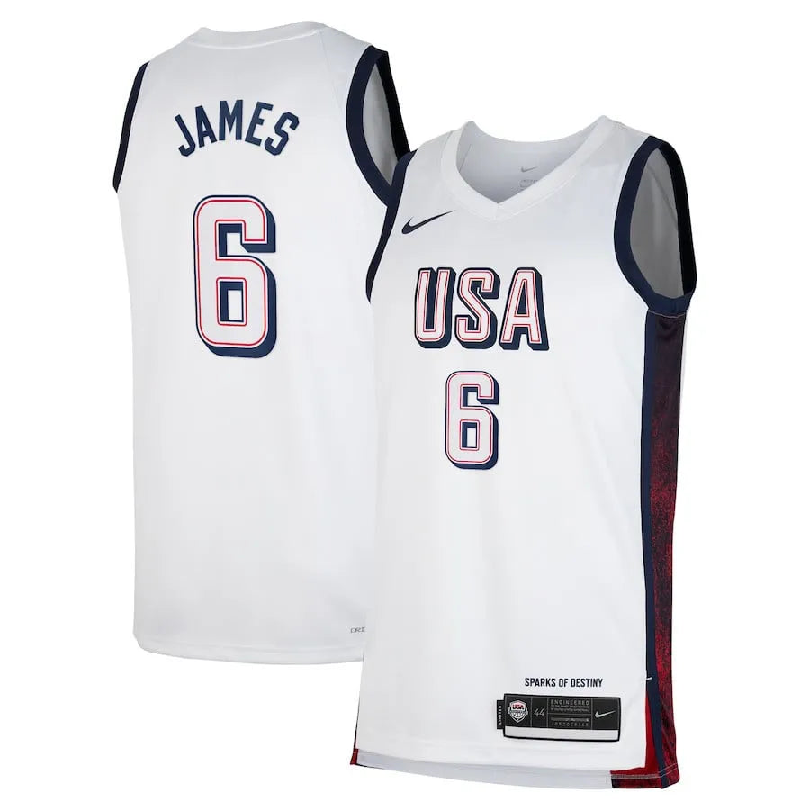 Camisa USA Basquete 2024 Nike Swingman Jersey Unisex LeBron James 6 Branca